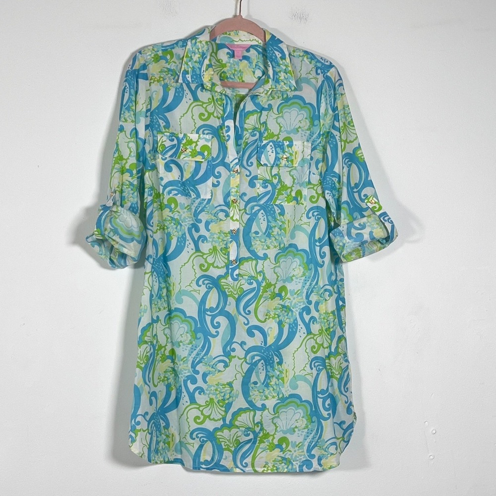 Lilly Pulitzer Tunic Dress Women Sz M Blue Green Paisley Roll Tab Sleeve
